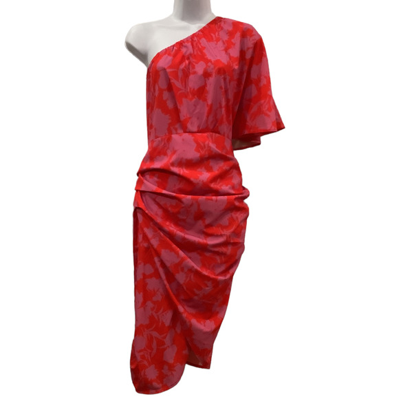 One-Shoulder Red Floral Midi Dress - Picture 2 of 4